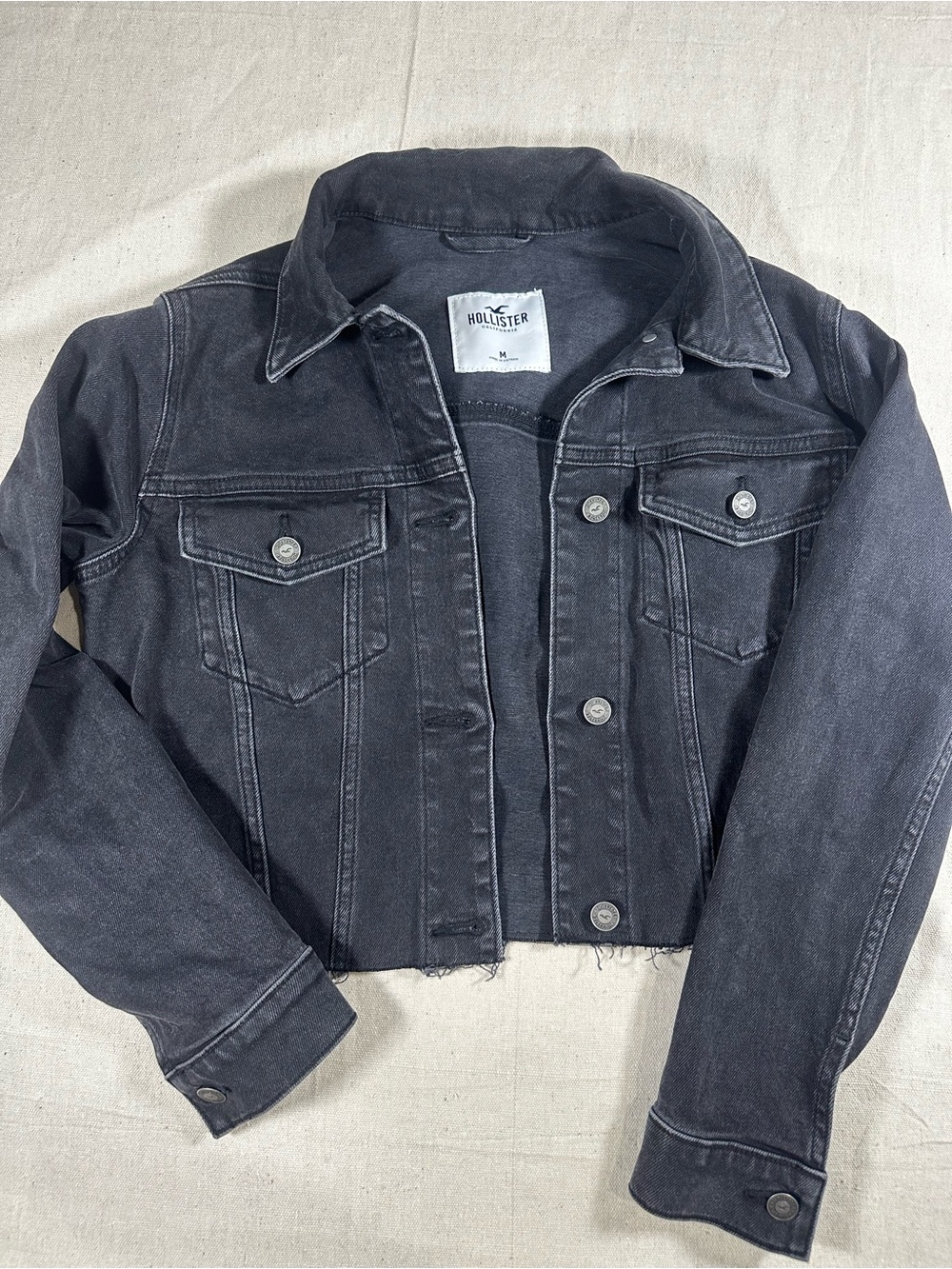 Hollister Women's Faded Black Cropped Denim Jacket
